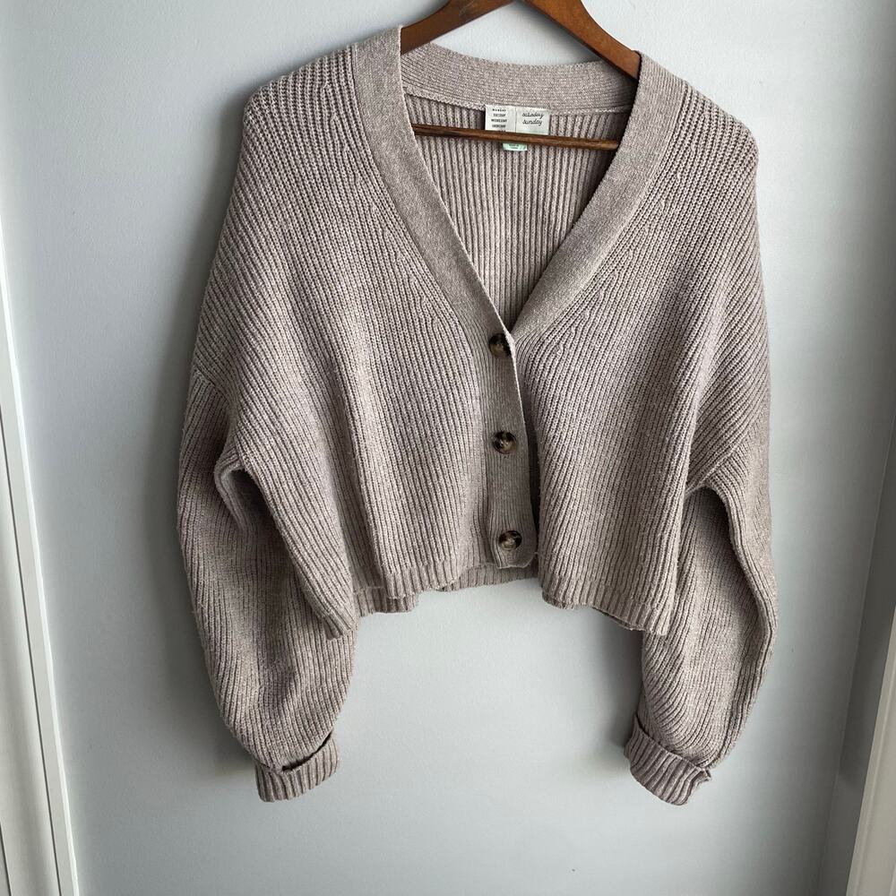 Saturday Sunday Anthropologie Cardigan Sweater V-neck cropped tan sz LP - Picture 1 of 9